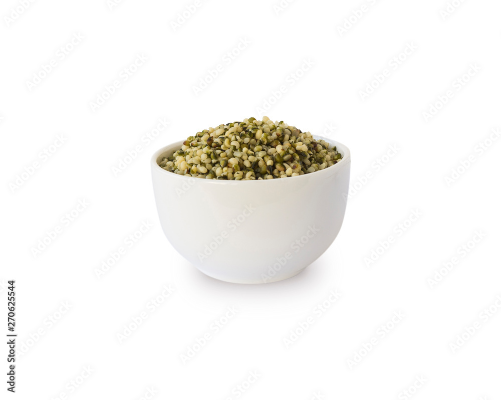 Hemp seeds isolated on white. Bowl with hemp seeds isolated on white background. Peeled raw hemp seeds in bowl. Hemp seeds isolated on white. Bowl with hemp seeds isolated on white background. Peeled raw hemp seeds in bowl.