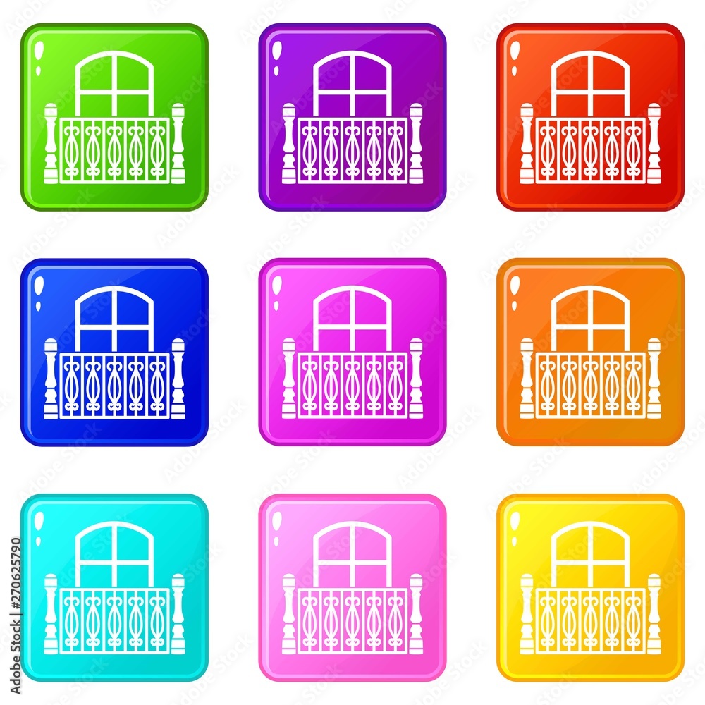 Flat balcony icons set 9 color collection isolated on white for any design