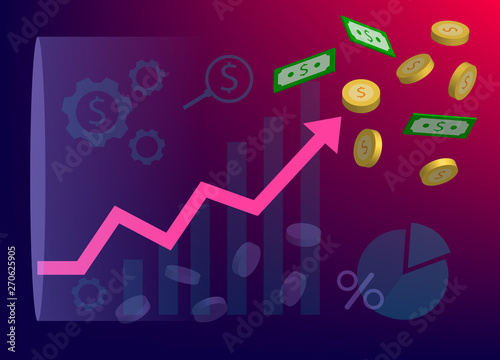 Various symbols relating to finance and investment. Investment graph with arrow and dollar coin.