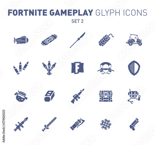 Popular epic game glyph icons. Vector illustration of military facilities. Airship, spear, grenade, vehicle and other weapons. Solid flat design. Set 2 of blue icons isolated on white background.