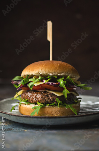 Fotografie, Tablou Tasty hamburger with vegetables and rucola