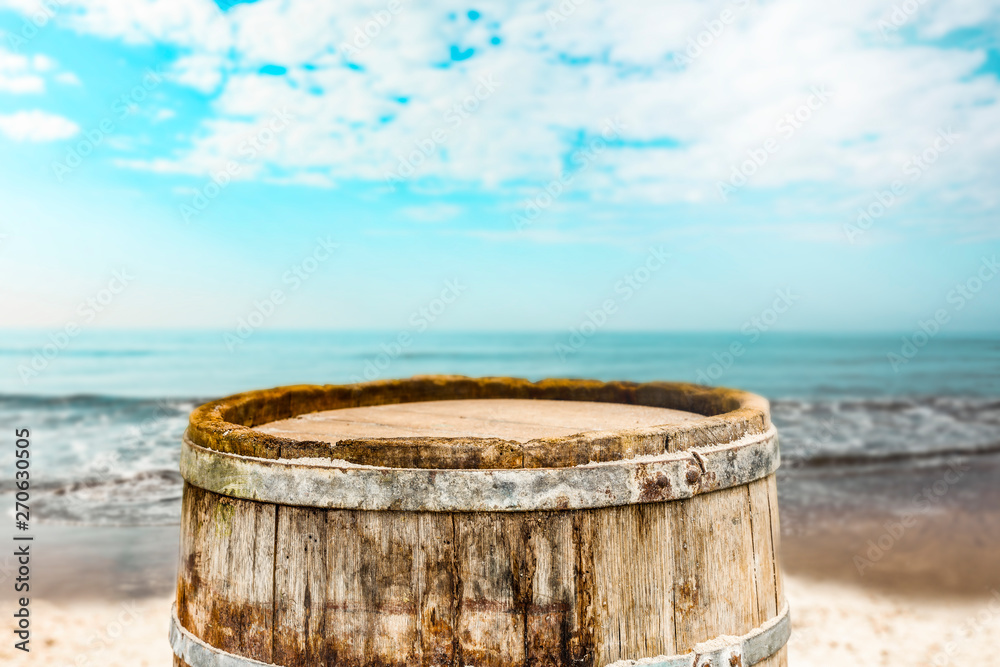 Barrel background on beach and summer landscape of sea 