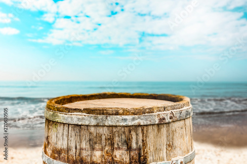 Barrel background on beach and summer landscape of sea 