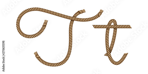 Rope hand drawn font, 3d realistic effect, capital uppercase and lowercase letters T. Vector illustration EPS 10