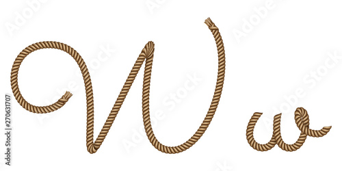Rope hand drawn font, 3d realistic effect, capital uppercase and lowercase letters W. Vector illustration EPS 10