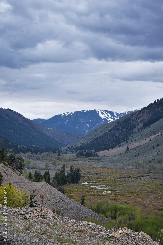 Sun Valley, Badger Canyon in Sawtooth Mountains National Forest Landscape panorama views from Trail Creek Road in Idaho. United States.
