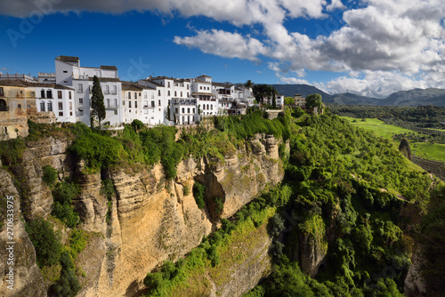 El Tajo Canyon on the Guadalevin river with white Ronda buildings Andalusia Spain