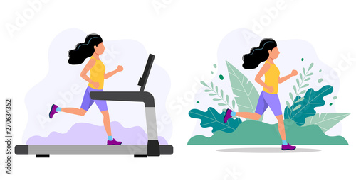 Woman running on the treadmill and in the park. Concept illustration for jogging, healthy lifestyle, exercising.