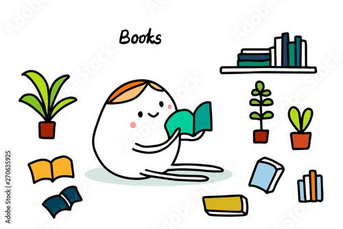 Books hand drawn vector illustration in cartoon style. Reading men on the floor
