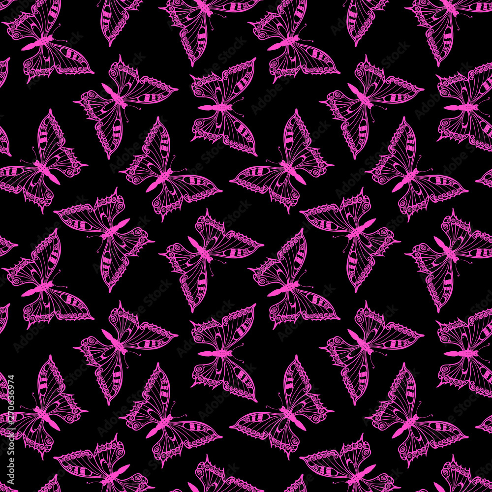 Pink butterflies on black background. Seamless pattern