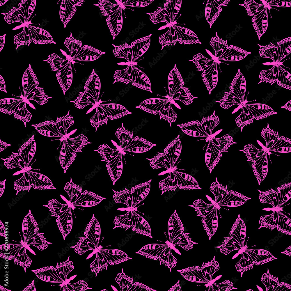 Fototapeta premium Pink butterflies on black background. Seamless pattern