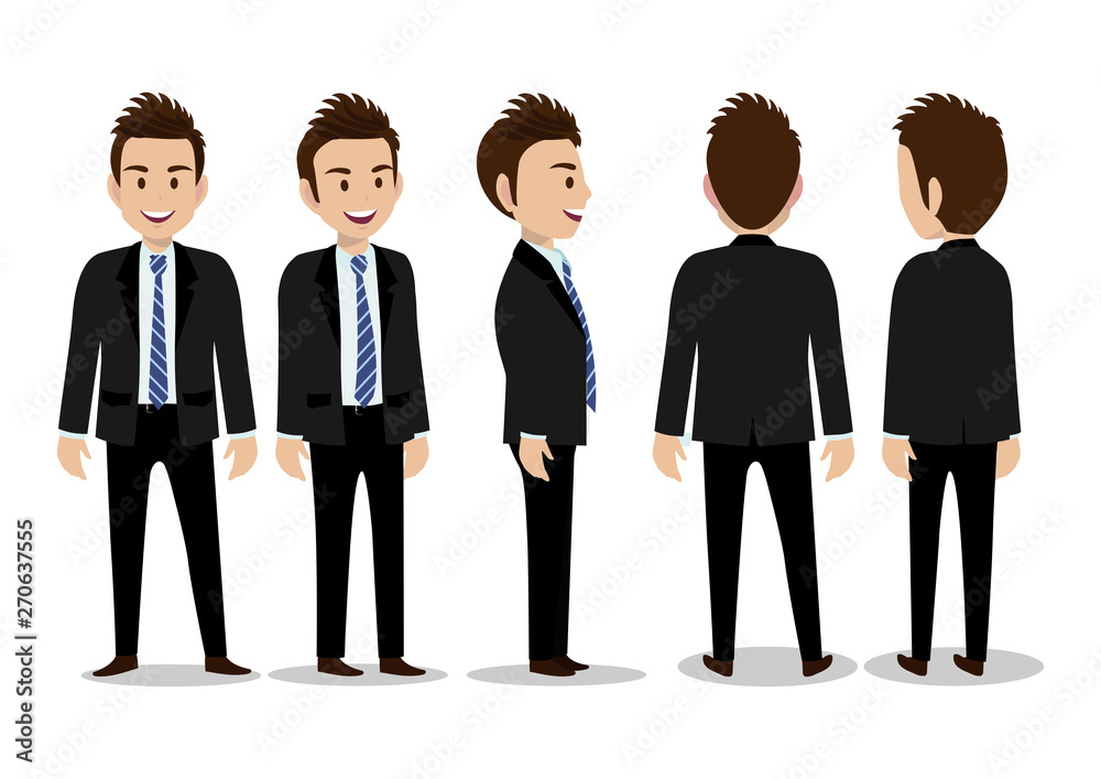 Cartoon character with business man in suit for animation. Front, side, back, 3/4 view character. Separate parts of body. Flat vector illustration. Cartoon character with business man in suit for animation. Front, side, back, 3/4 view character. Separate parts of body. Flat vector illustration.