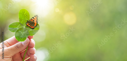 Vierblätriges Kleeblatt  mit Schmetterling in einer Hand
