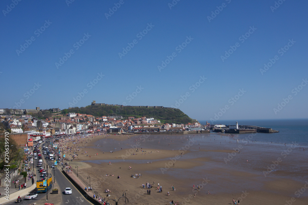 View of castle on hill in Scarborough, UK on a clear blue sky sunny day
