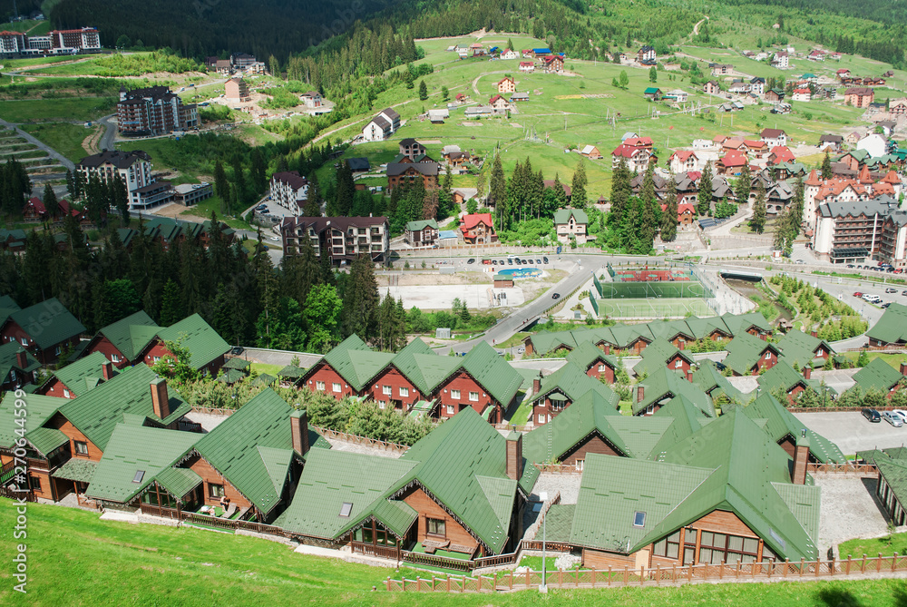 Resort Bukovel. Mountains Carpathians. Ukraine. April 30, 2017. Beautiful view of the resort Bukovel from the height of the lift station.