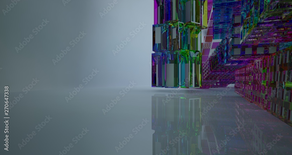 Obraz premium Abstract white and colored gradient glasses interior multilevel public space with window. 3D illustration and rendering.
