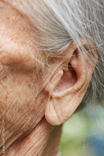 Closeup ears of big old woman photo