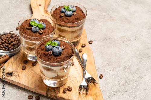 Classic tiramisu dessert in a glass with blueberries on concrete background
