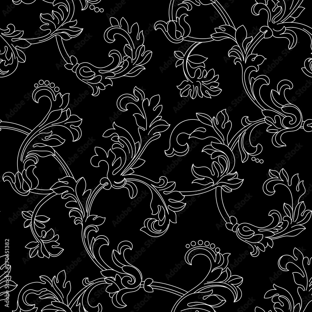 Black seamless  vintage baroque ornament Retro pattern antique style acanthus.