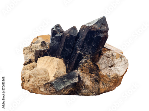 conglomerate of morion, feldspar and mica crystals isolated on white background