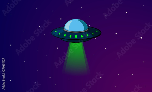 UFO with Light. Sky Background Flat Design