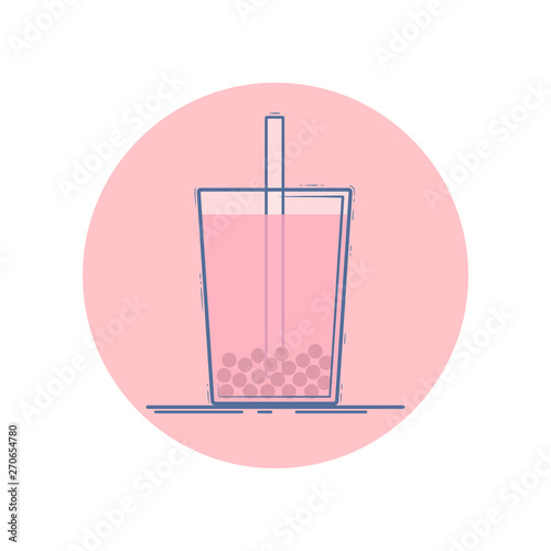Vector icon of bubble tea glass with straw. Isolated in circle. Flat design. Pink colors.
