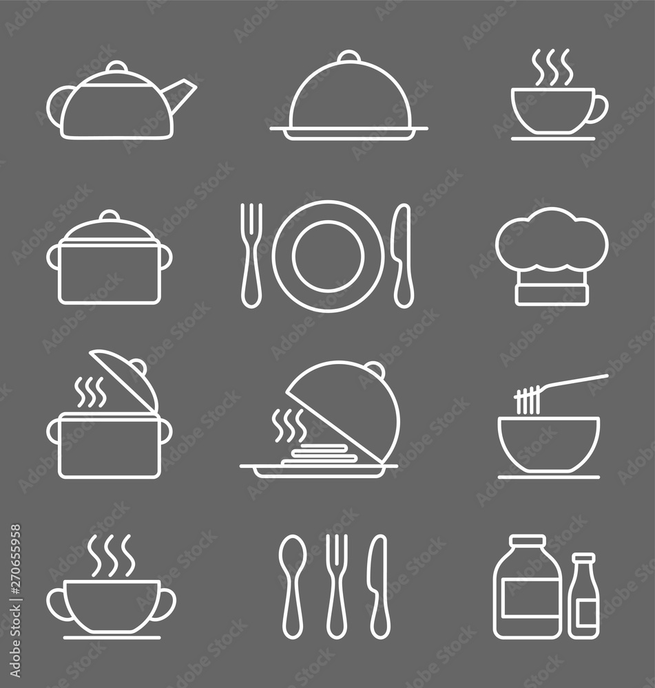 Kitchen icons set, White on a dark gray background vector icons in thin line style.