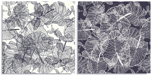 A vector set of a seamless pattern with sprigs of jungles, summer leaves. Hand-drawn on sheet at the graphic style. Lines, compound path. Dark and light, ornament, monstera, alocasia, colocasia, mint.