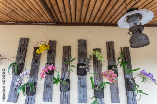 some colorful angrek flowers and types of wall decorations in a restaurant in Ubud, Bali photo