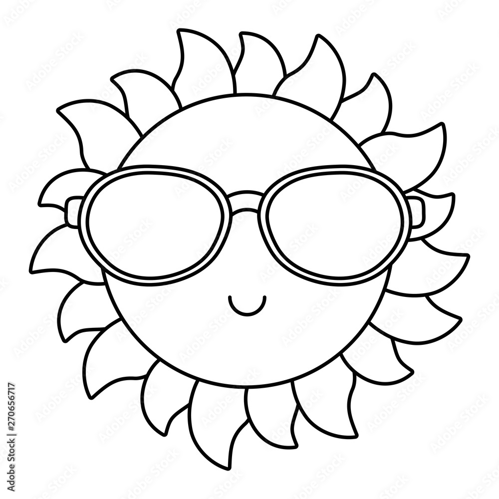 Sun smiling with sunglasses cartoon in black and white