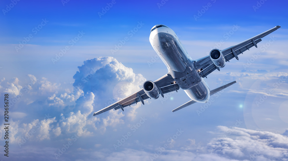 modern airliner flies between clouds - obrazy, fototapety, plakaty 
