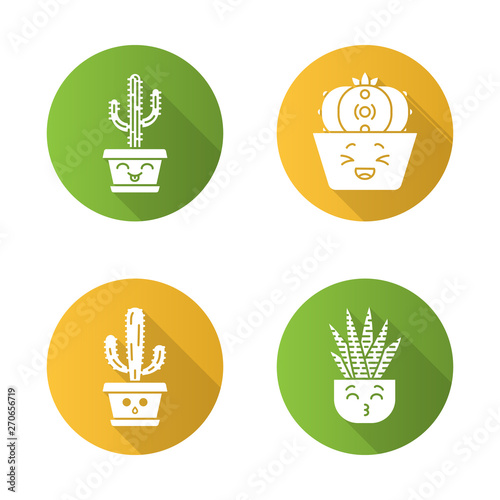 Cactuses flat design long shadow glyph icons set