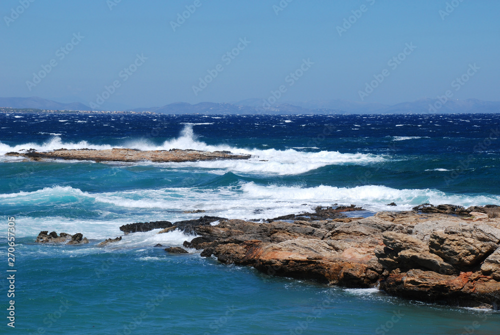 Stormy seas at the Hamolia beach near the city of Athens. Vravrona region, Attica, Greece.