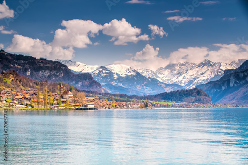 Brienz town on lake Brienz by Interlaken with the Swiss Alps covered by snow in the background, Switzerland, Europe