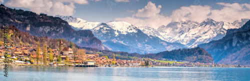 Brienz town on lake Brienz by Interlaken with the Swiss Alps covered by snow in the background, Switzerland, Europe photo
