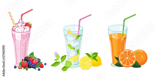 summer drinks set. Milk shake, fresh juice and mojito in glass isolated on white background. Vector illustration in cartoon flat style.