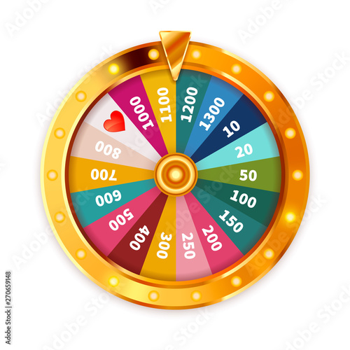 Bright Golden Wheel of Fortune with lighting bulbs on white