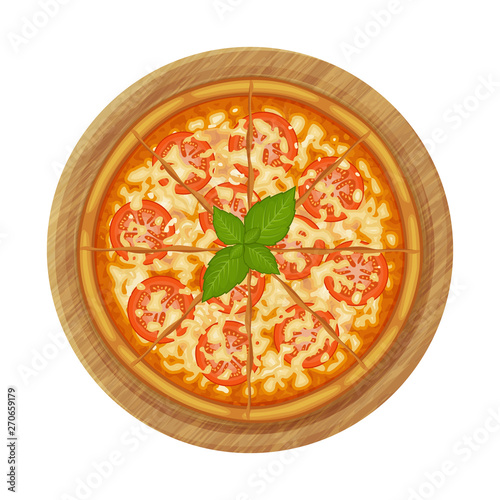 Margherita pizza with tomatoes on wood plate. Object for packaging, advertisements, menu. Isolated on white. Vector illustration. Cartoon.