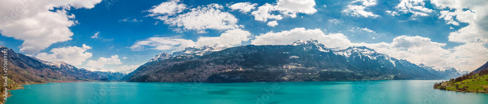 Lake Brienz by Interlaken with the Swiss Alps covered by snow in the background, Switzerland, Europe Lake Brienz by Interlaken with the Swiss Alps covered by snow in the background, Switzerland, Europe