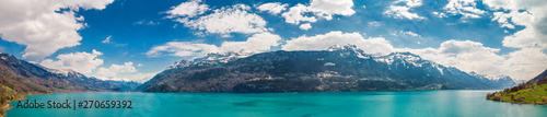 Lake Brienz by Interlaken with the Swiss Alps covered by snow in the background, Switzerland, Europe