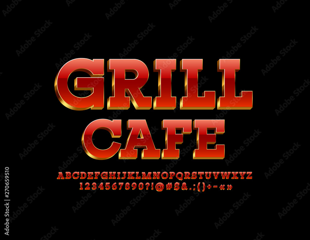 Vector chic emblem Grill Cafe. Red and Golden Alphabet Letters, Numbers and Symbols. Elite 3D Font