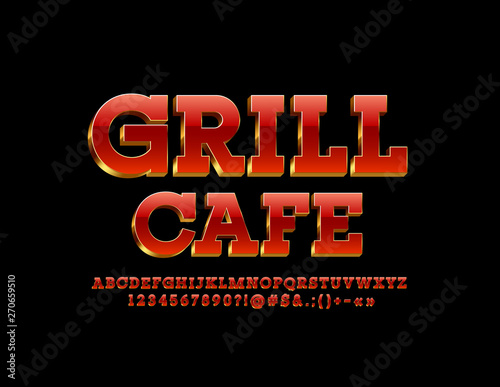 Vector chic emblem Grill Cafe. Red and Golden Alphabet Letters, Numbers and Symbols. Elite 3D Font