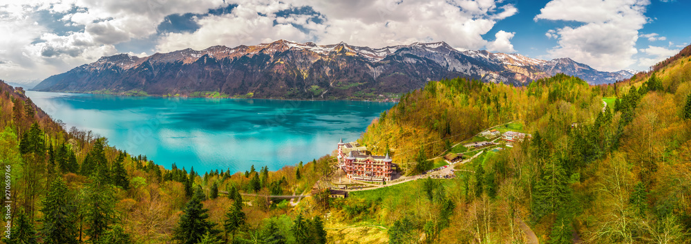 Lake Brienz by Interlaken with the Swiss Alps covered by snow in the background, Switzerland, Europe