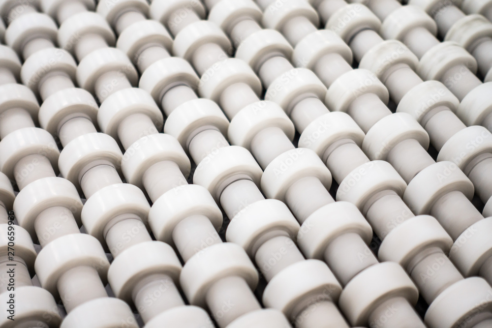 Conveyor Belt White Small Roller Wheels Closeup Detail Empty Conveyor Belt White Small Roller Wheels Closeup Detail Empty