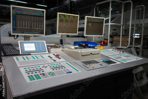 Control Cockpit Industrial Printing Equipment Buttoms Dials Screens Manufacturing Empty Nobody photo