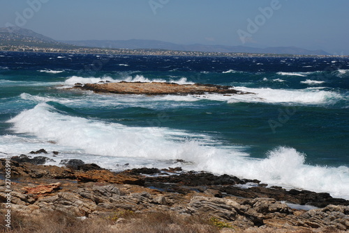 Stormy seas at the Hamolia beach near the city of Athens. Vravrona region, Attica, Greece.