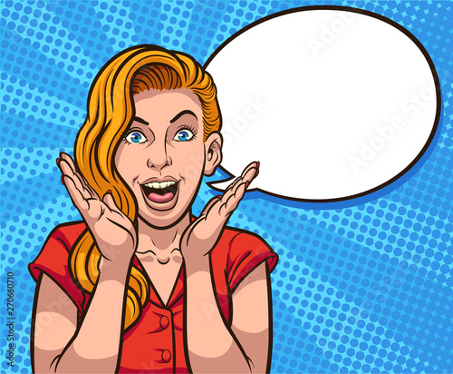Retro illustration of excited woman screaming with a speech balloon clip art. Vector illustration. Some elements on separate layers. 