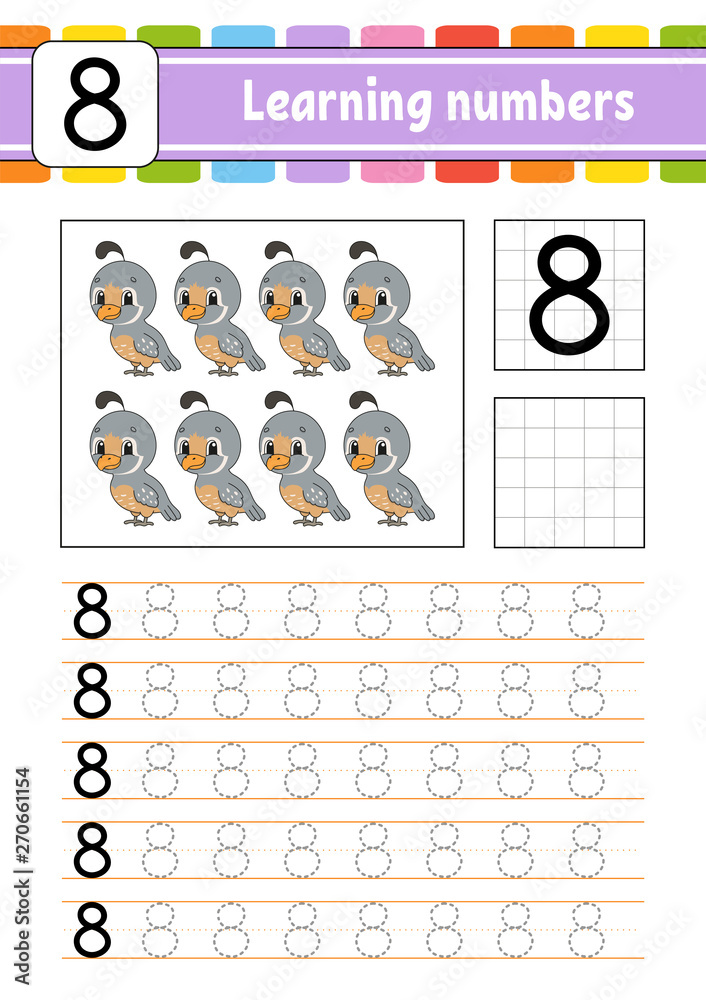 Trace and write. Handwriting practice. Learning numbers for kids