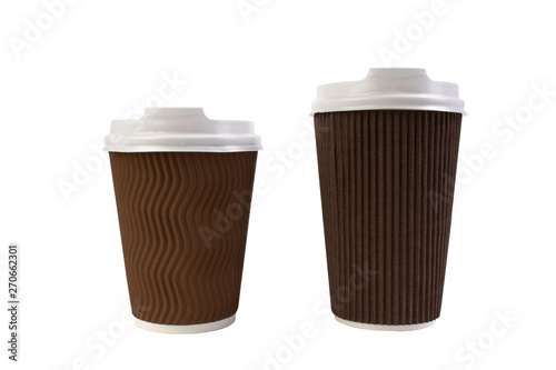 Two disposable paper cups of coffee, tea isolated on white background with clipping path.