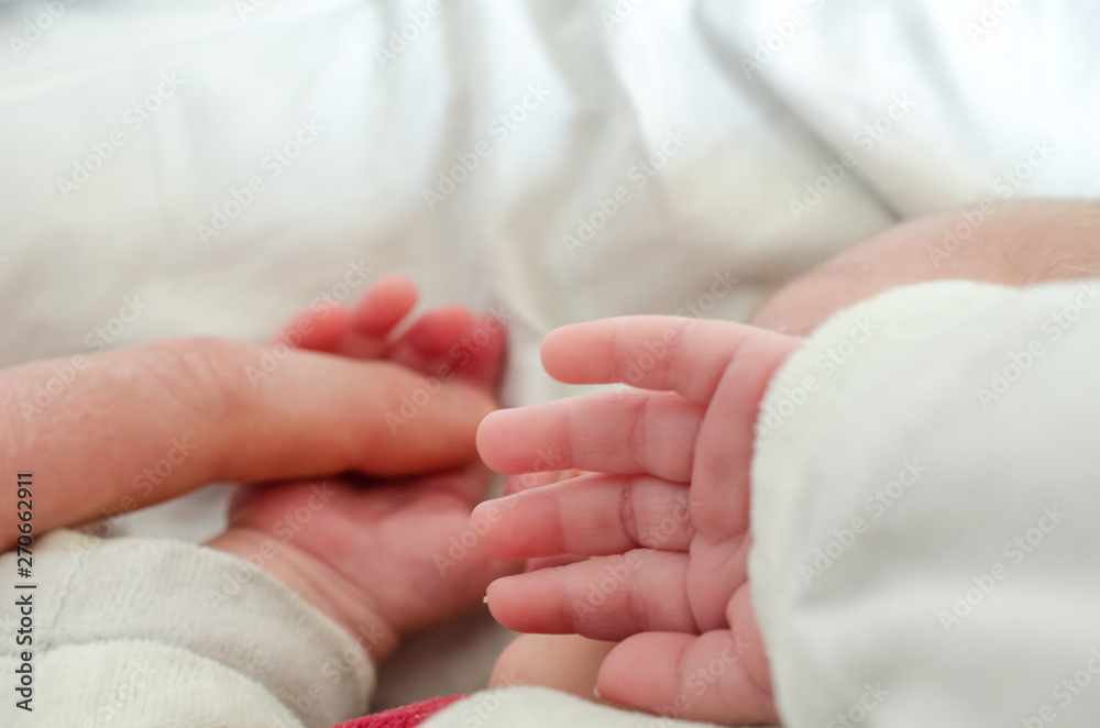 Hand of newborn baby holding male adults finger. Concept of help and family. Father holding hand. Hand of newborn baby holding male adults finger. Concept of help and family. Father holding hand.